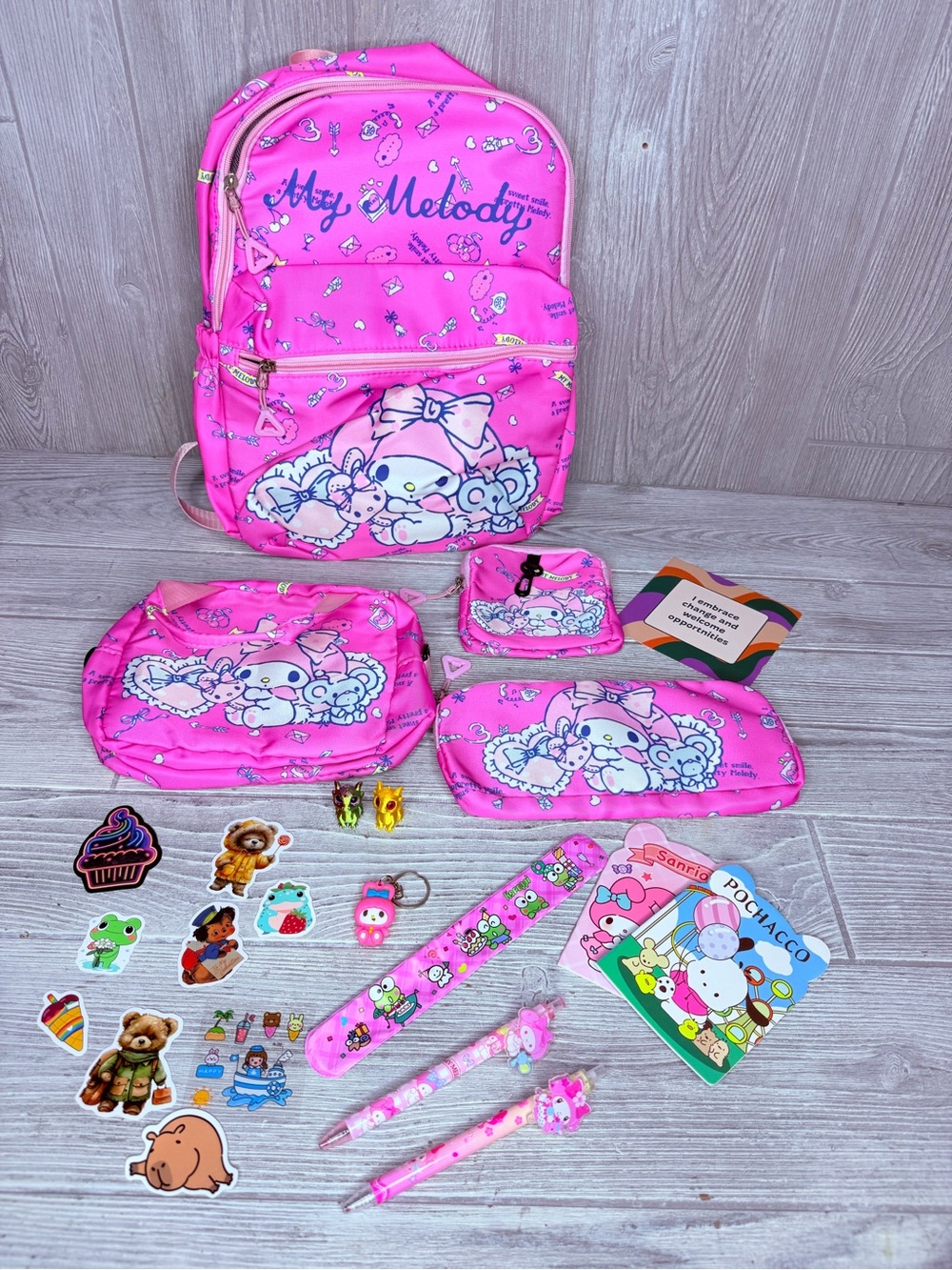 My melody backpack bundle pens , note pad , keychain , stickers , pencil pouch
